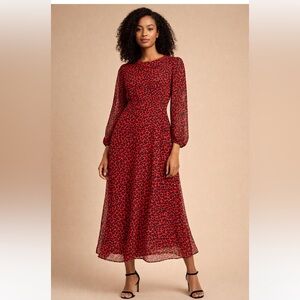 Traffic people long sleeve red animal print dress maxi blouson boho formal $200